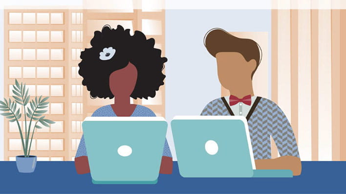 Illustration of two people using laptops