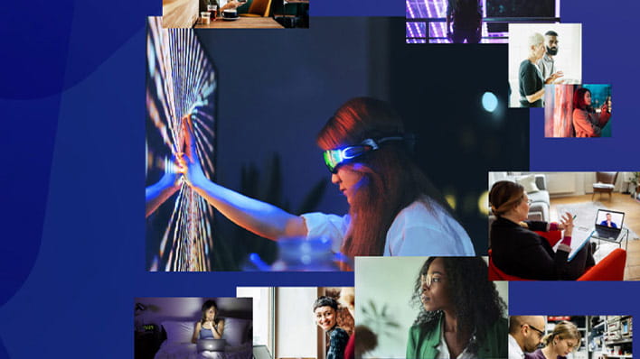Collage of pictures, people using tech